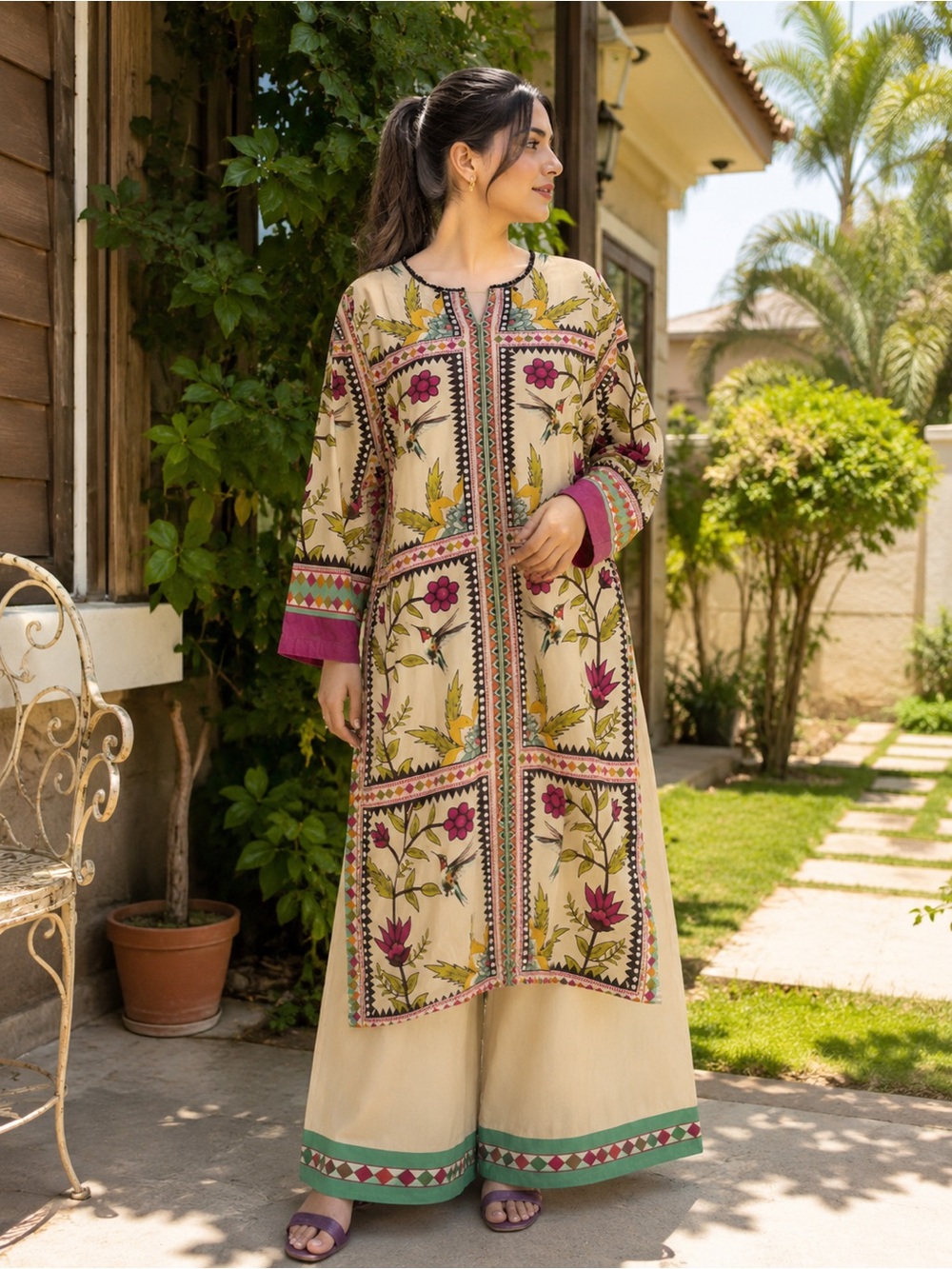 Beige Floral Panel Long Kurta with Pink & Green Accents